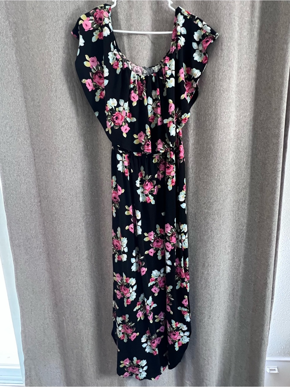 Black Floral Maxi Dress with Pink & White Roses
